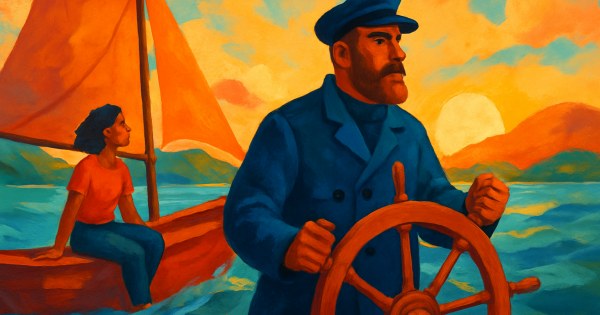 Calm figure steering a ship on still open water