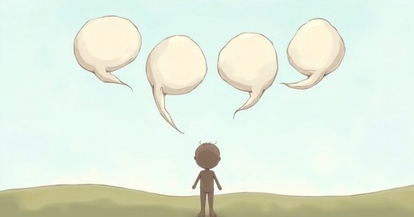 Four speech bubbles with different expressions floating above a simple illustrated figure