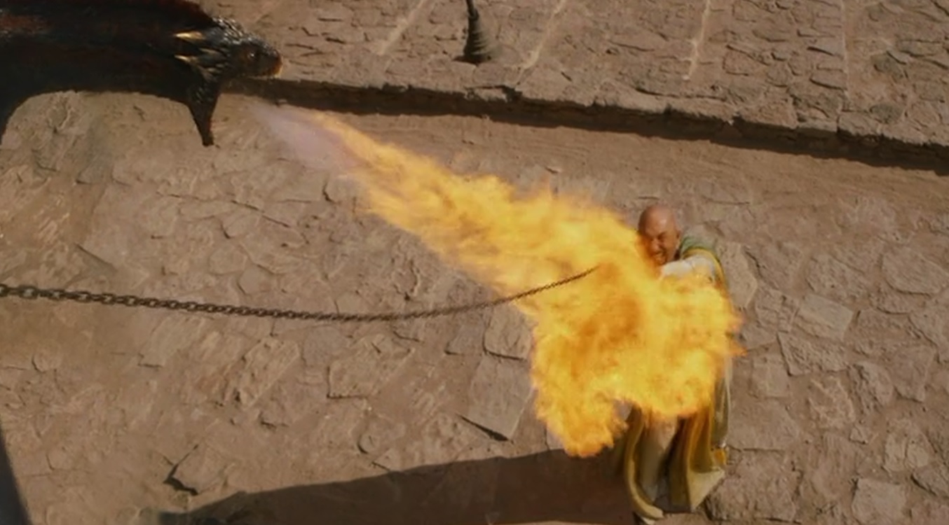 Person being incinerated by a fierce dragon in Game of Thrones
