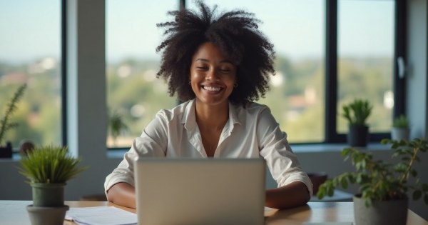 Person smiling at desk looking deeply satisfied and productive