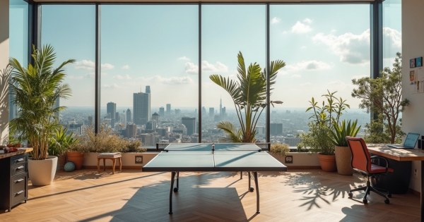 Collage of office perks: ping pong table, private pod, rooftop terrace, art supplies