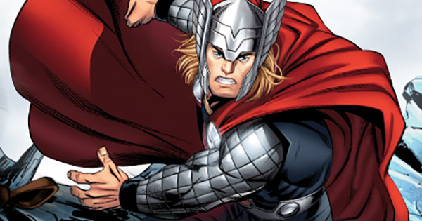 Thor the Avenger standing proudly with his powerful lightning hammer Mjolnir