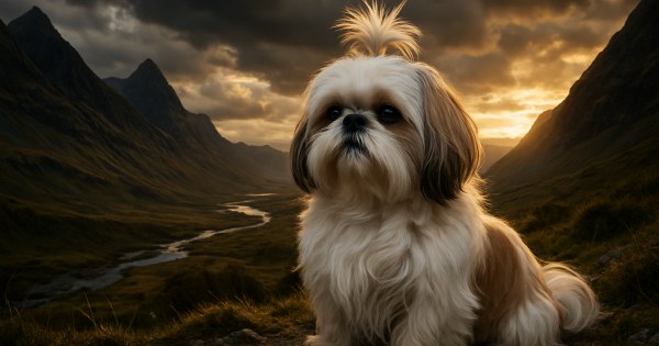 Smiling Shih Tzu dog sitting outdoors with long flowing coat