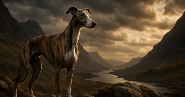 Whippet dog breed standing gracefully outdoors in natural light