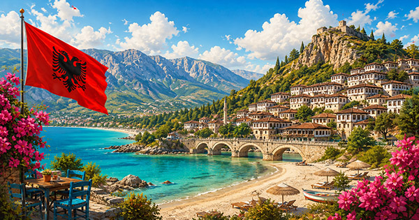 Happy traveler exploring Albania's scenic mountains and colorful Riviera coastline