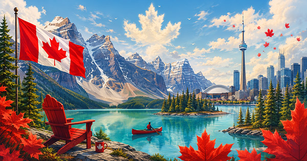 Happy person standing in front of Canadian mountains and maple trees