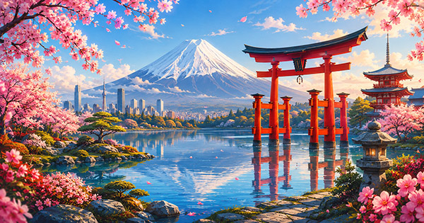 Happy woman exploring vibrant Japanese street with cherry blossoms in background