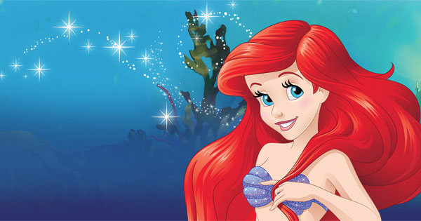 Ariel the Little Mermaid swimming underwater with colorful tropical fish