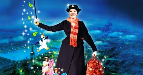 Mary Poppins holding umbrella floating above rooftops in Disney style