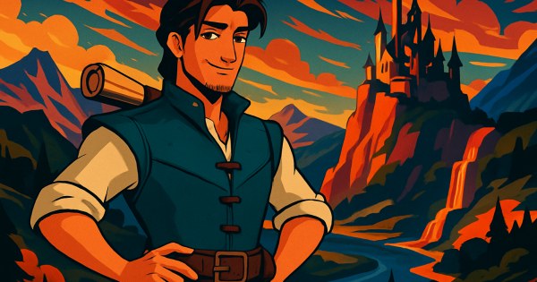Flynn Rider smirking confidently with his signature charming Disney prince expression