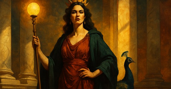 Woman embodying Hera Greek goddess of marriage and royalty