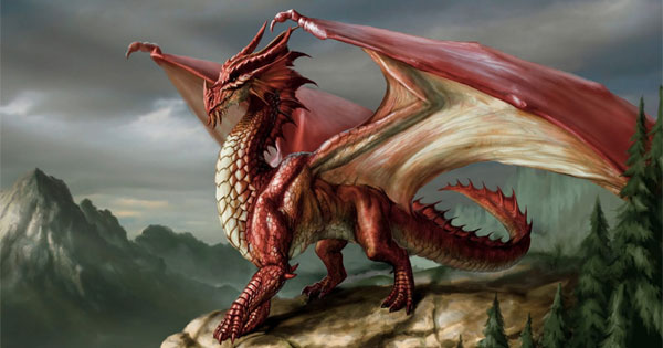 Fierce dragon spirit animal breathing fire in mystical fantasy setting