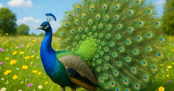 Colorful peacock spreading its vibrant feathers in a stunning display