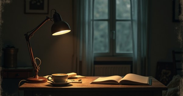 A dimly lit room with a single lamp, open notebooks, and cold coffee.