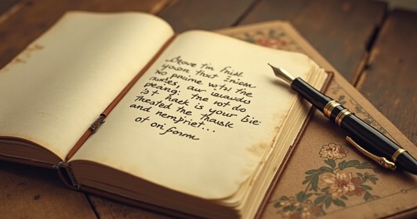 An open notebook with a single handwritten quote and a fountain pen beside it.