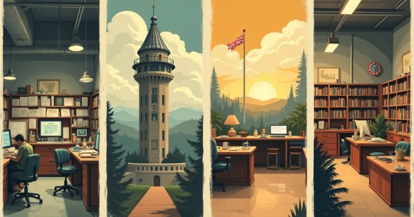 Four contrasting spaces: busy lab, isolated tower, open studio, cozy library.