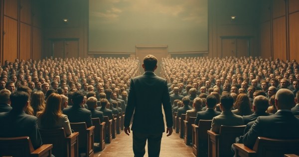 A lone figure standing before a massive skeptical crowd in a lecture hall.