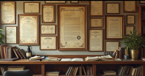 A wall of framed awards, patents, and certificates in a warm study.