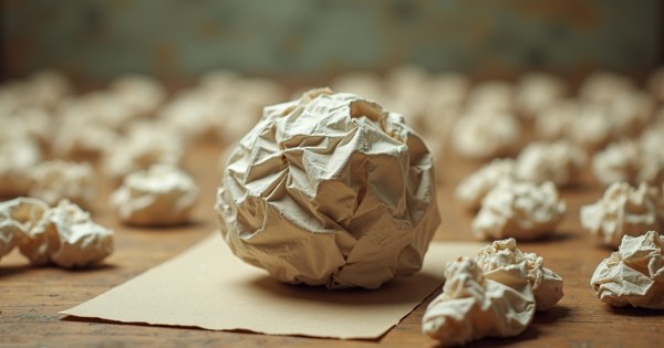 A crumpled paper ball surrounded by dozens of identical failed attempts on a desk.