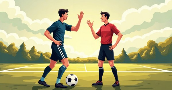 Frustrated soccer player arguing with referee on pitch.