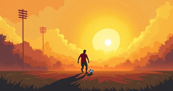 Soccer player training alone on empty pitch at golden hour.