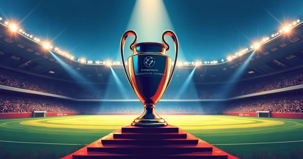 Gleaming Champions League trophy on a spotlit pedestal.