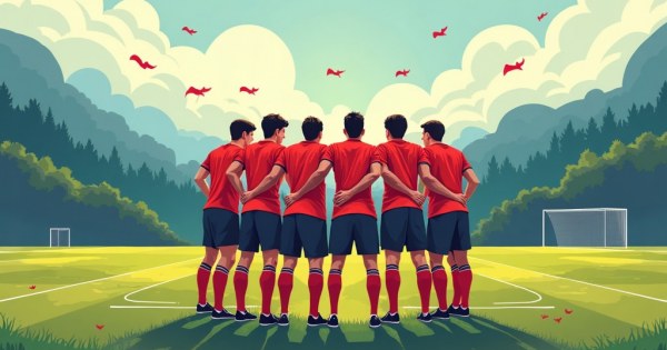Soccer team huddled together on pitch with clock ticking down.