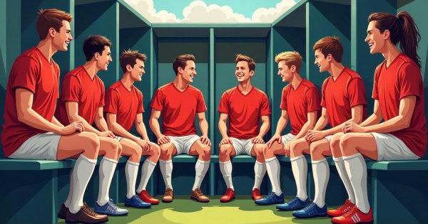 Soccer teammates laughing and talking together in a locker room.