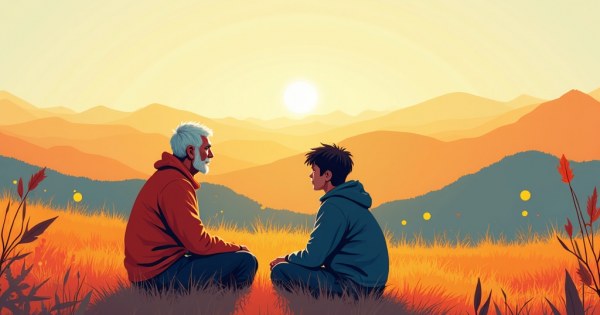 Older mentor sitting with young person, open and engaged conversation.