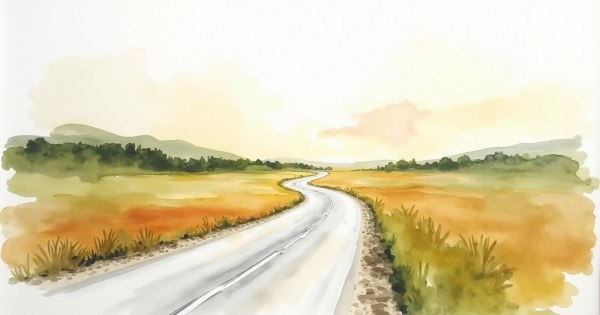 A winding road disappearing into a new landscape on the horizon.