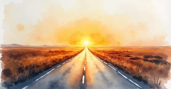 A person driving on an open road with a sunset ahead.