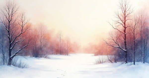 Peaceful snowy winter landscape with bare trees and grey sky
