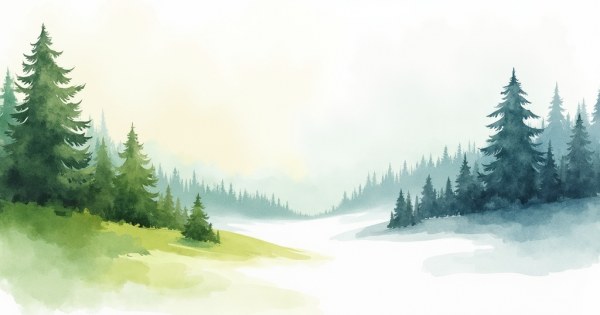 Two contrasting landscapes — a lush garden and a quiet snowy forest.
