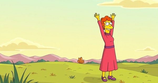 Edna Krabappel leaning on her desk with a skeptical expression.