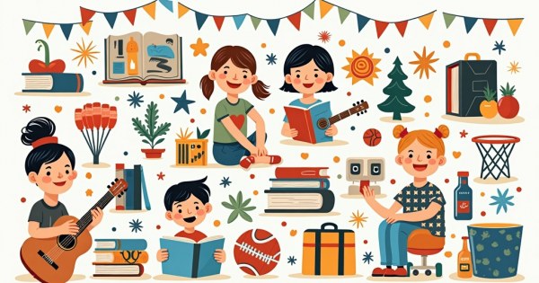 A colorful collage of weekend activities including books, sports, crafts, and music.