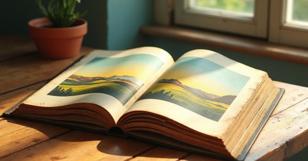 An old photo album open on a wooden kitchen table, afternoon light.