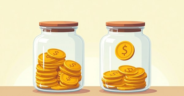 Two glass jars side by side, one with a single gold coin, one overflowing.