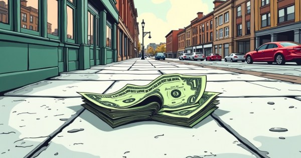 A crumpled five dollar bill lying on a city sidewalk.