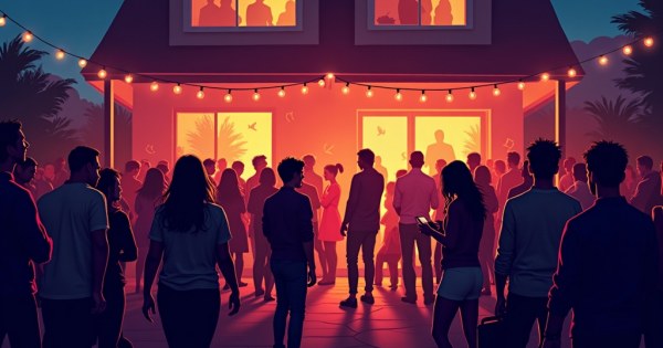 A lively house party with warm lighting and people scattered in groups.
