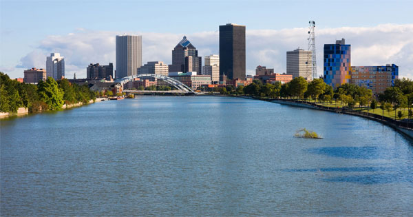 Aerial view of Rochester New York skyline along the Genesee River